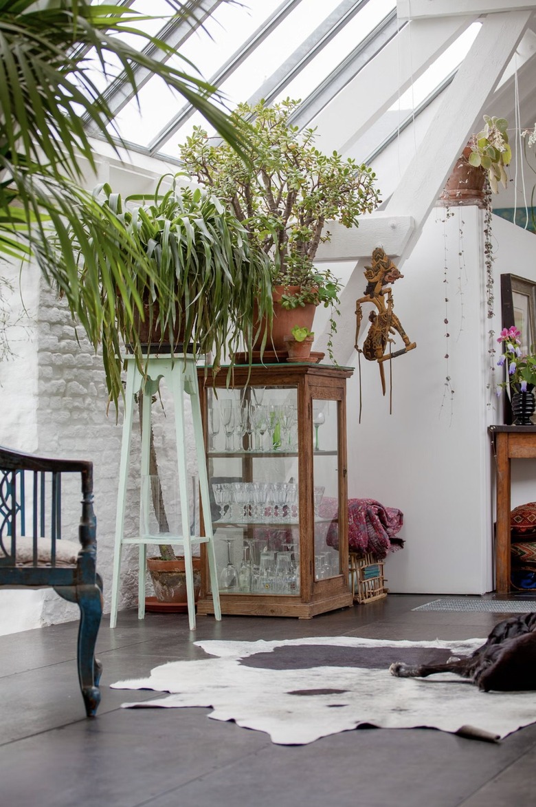 Minimalist living room with open sky lights and green plants.