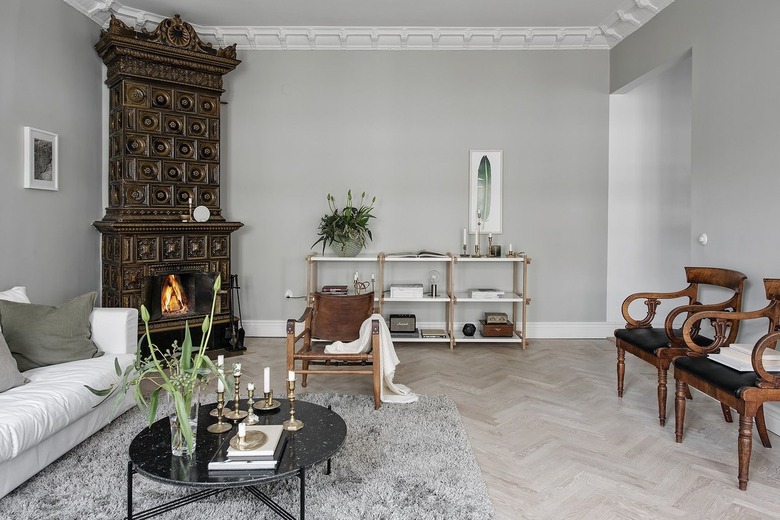 modern french country living room with gray walls