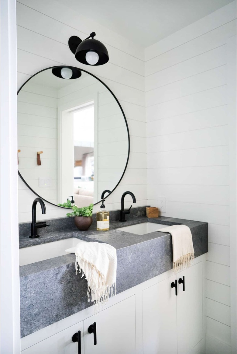 gray and white small industrial bathroom with farmhouse flair