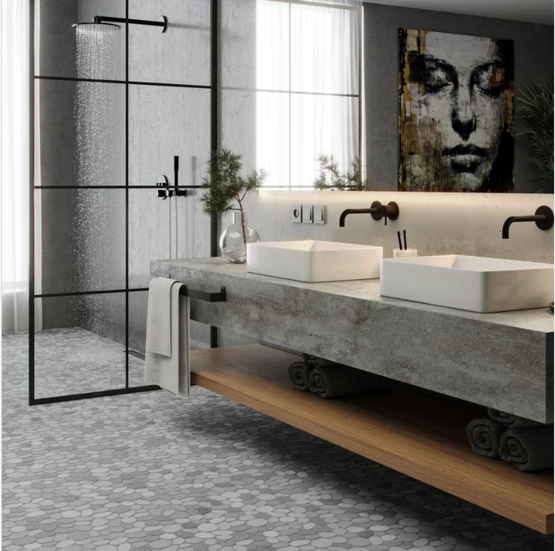 honed countertops in industrial bathroom