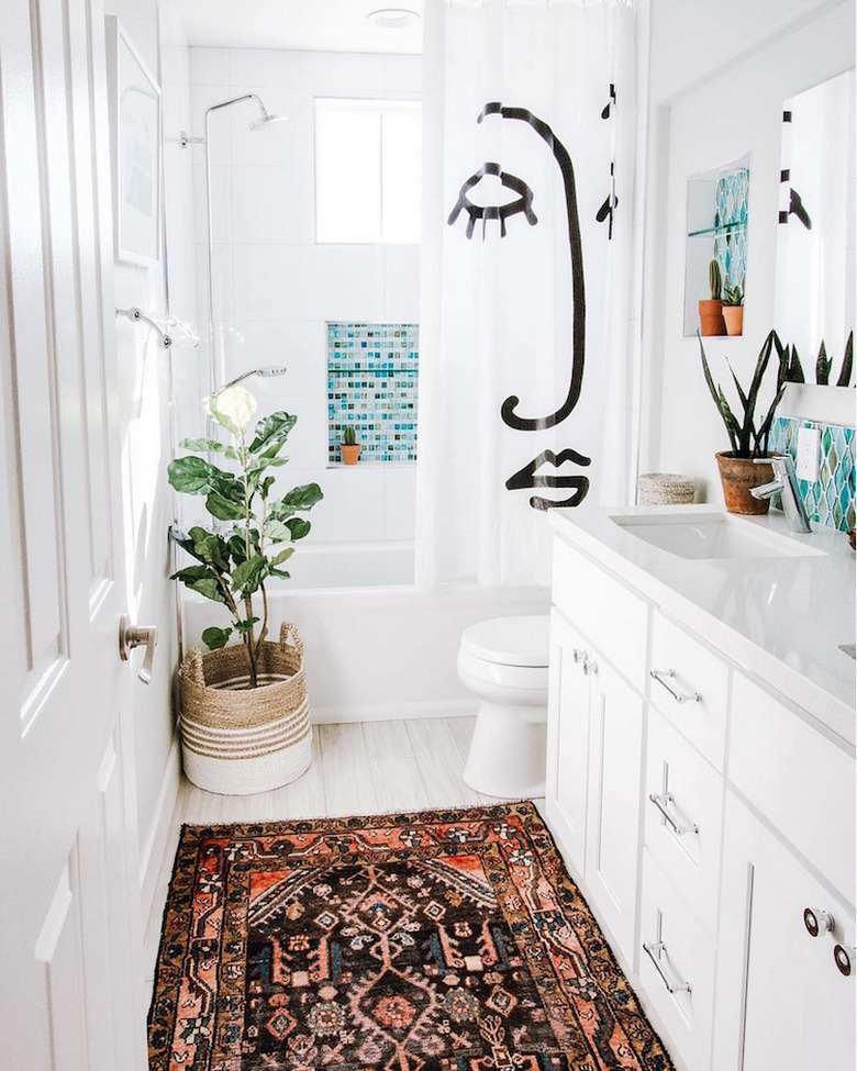bohemian kids bathroom with face shower curtain