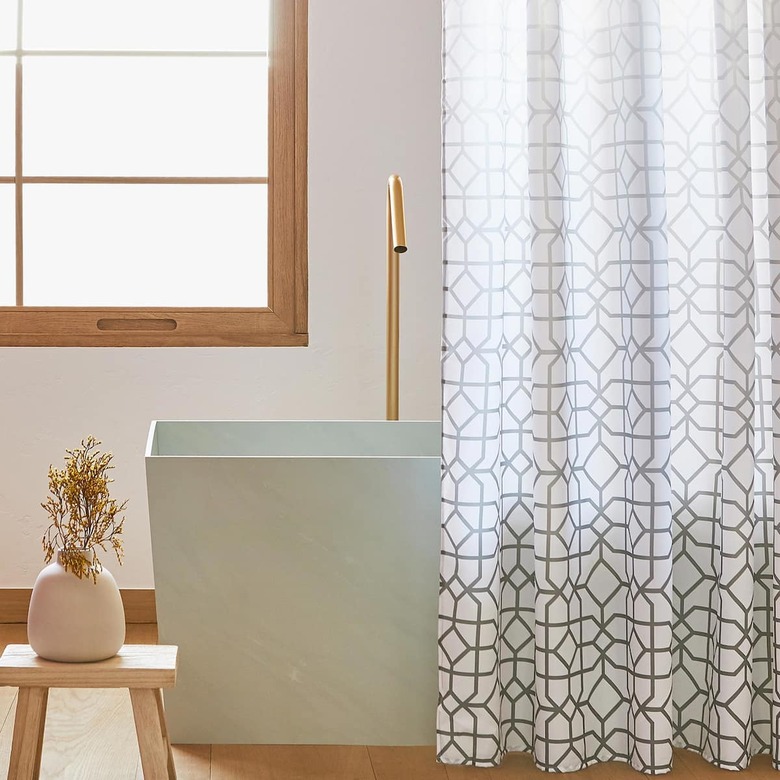 geometric print shower curtain in modern bathroom