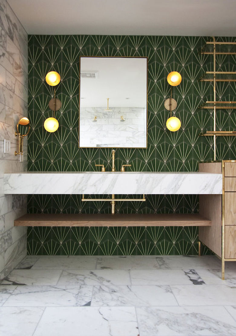 midcentury bathroom with green wall tile
