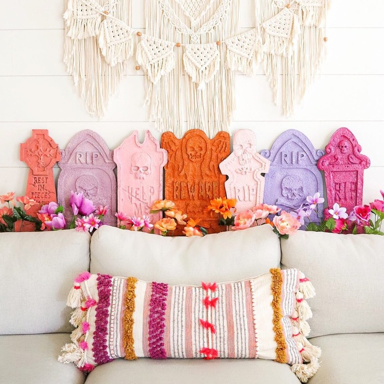 Couch with colorful tombstones as decorations