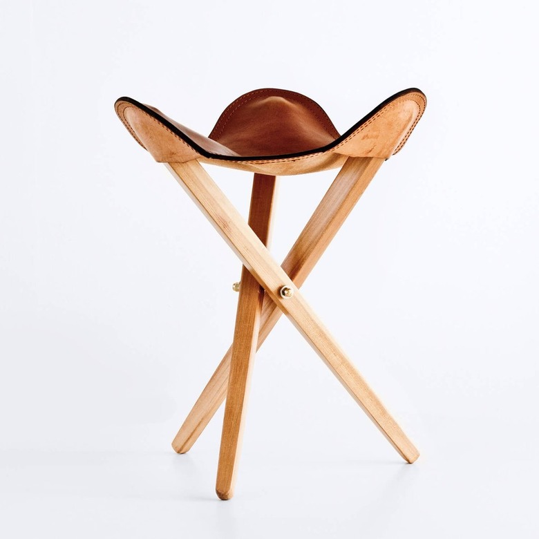 folding tripod accent stool with leather seat