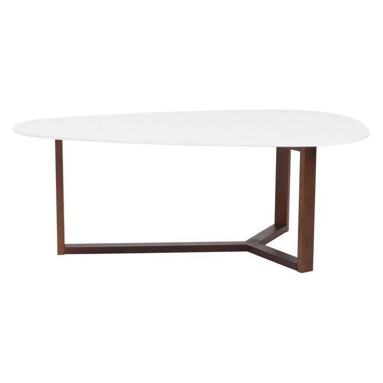 midcentury assymetrical white coffee table with dark wood legs