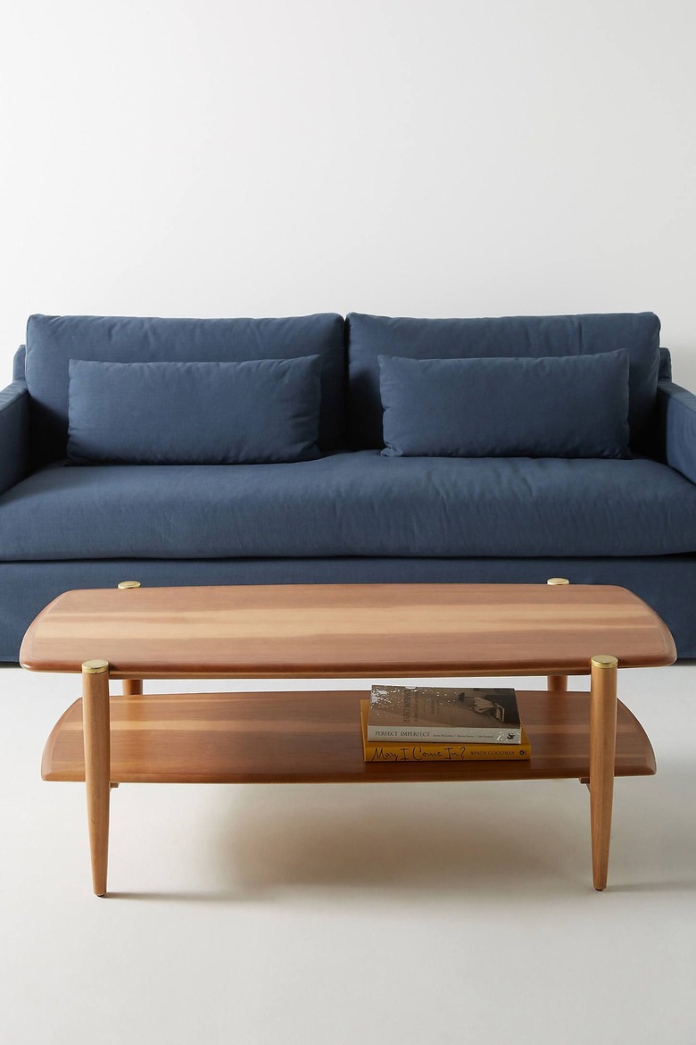 Minimal wood rectangular midcentury coffee table with lower shelf