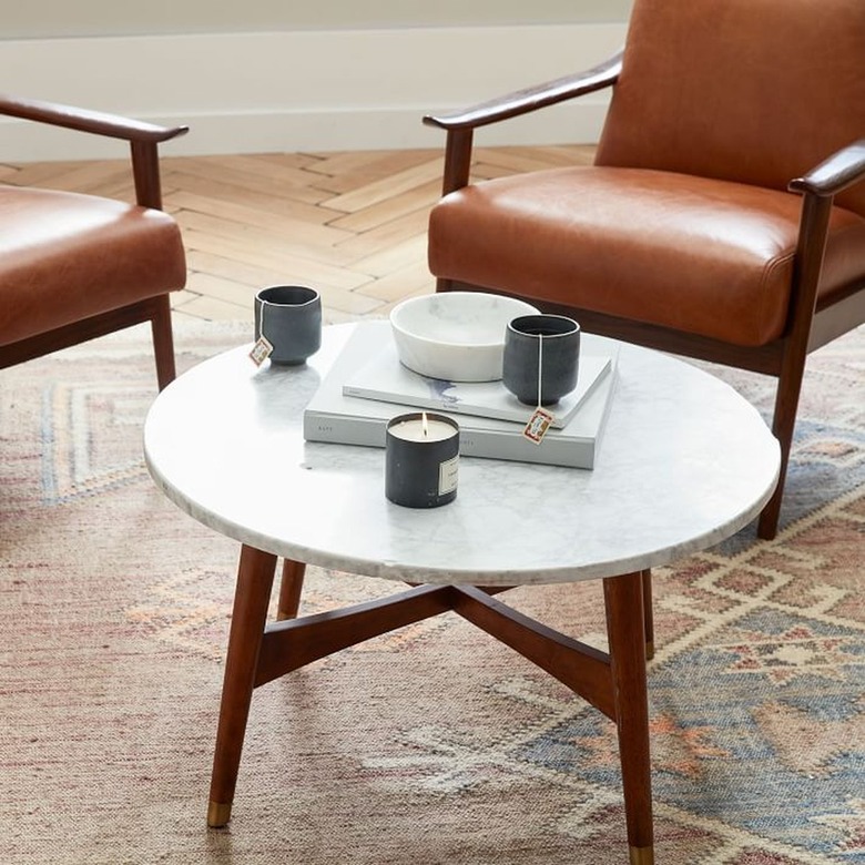 Small round coffee table with white marble top and wood legs