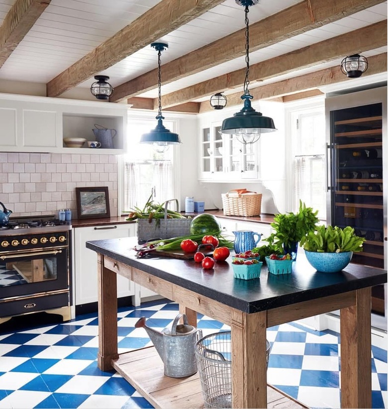 kitchen with blue and white checked flooring