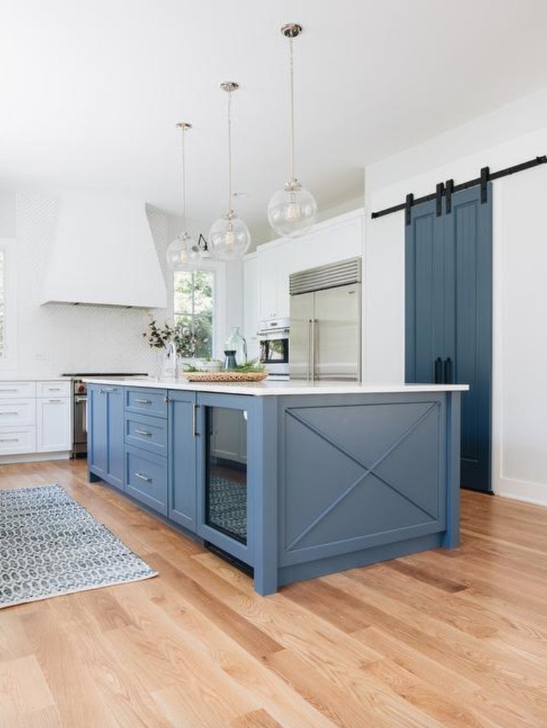 cornflower blue and white farmhouse kitchen