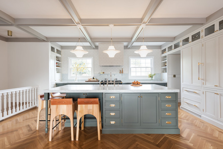 brass hardware in modern farmhouse with two tone cabinets