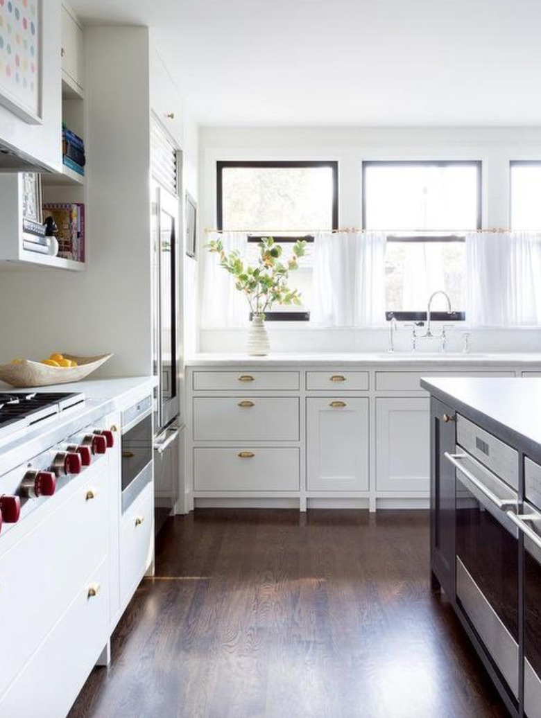 white kitchen with cafe curtains