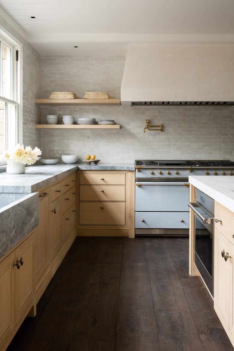 muted kitchen with robin's egg blue stove