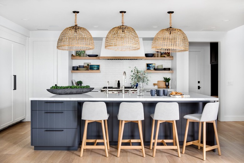 trio of oversized woven pendant lights