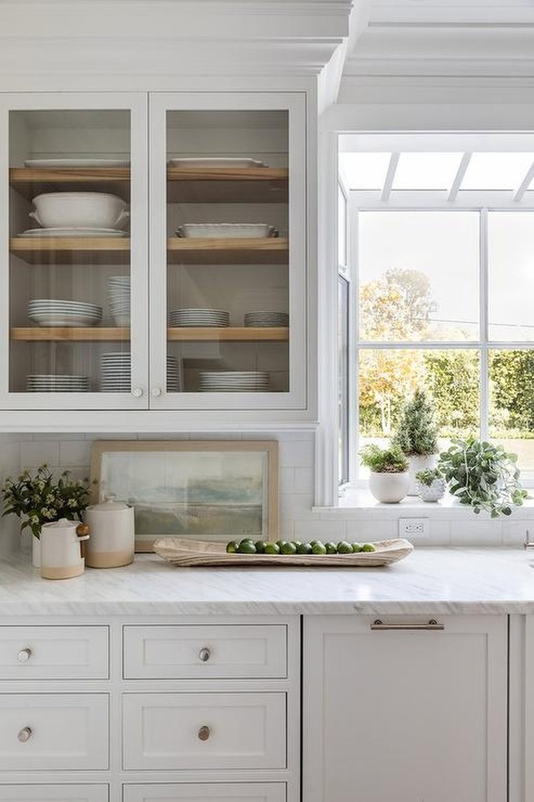 white kitchen with glass cabinet doors and lots of plants