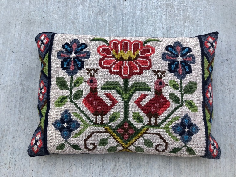 Vintage Embroidered Scandinavian Folk Art Pillow