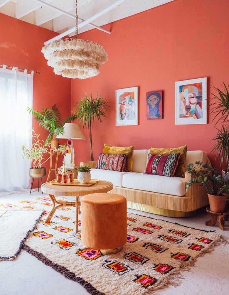 terra cotta walls in bohemian living room