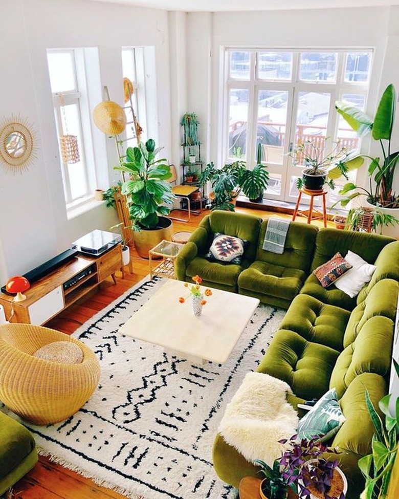 bohemian living room with lime green sectional sofa