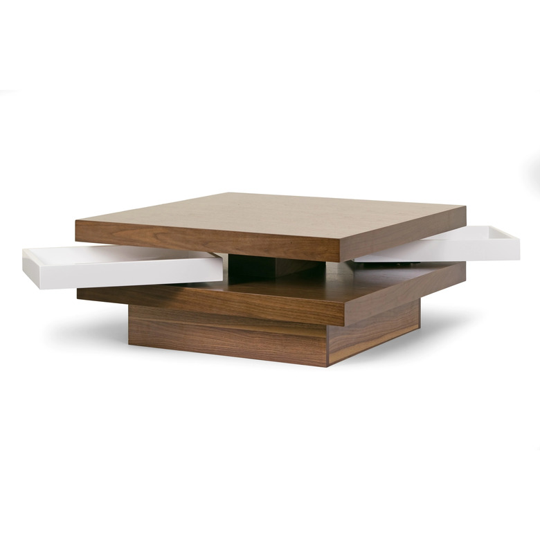Aisha Walnut Finish Square Coffee Table with White Swivel Trays