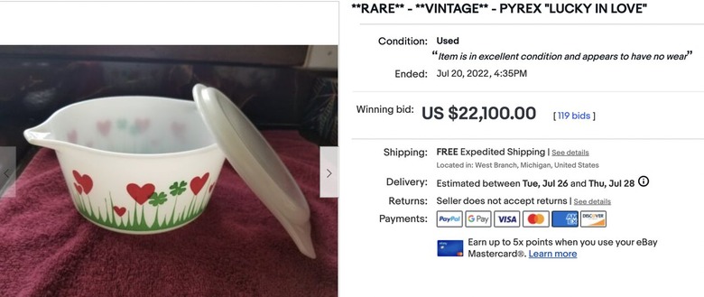 The eBay listing for the Lucky in Love Pyrex dish