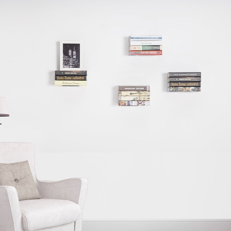 white floating bookshelves