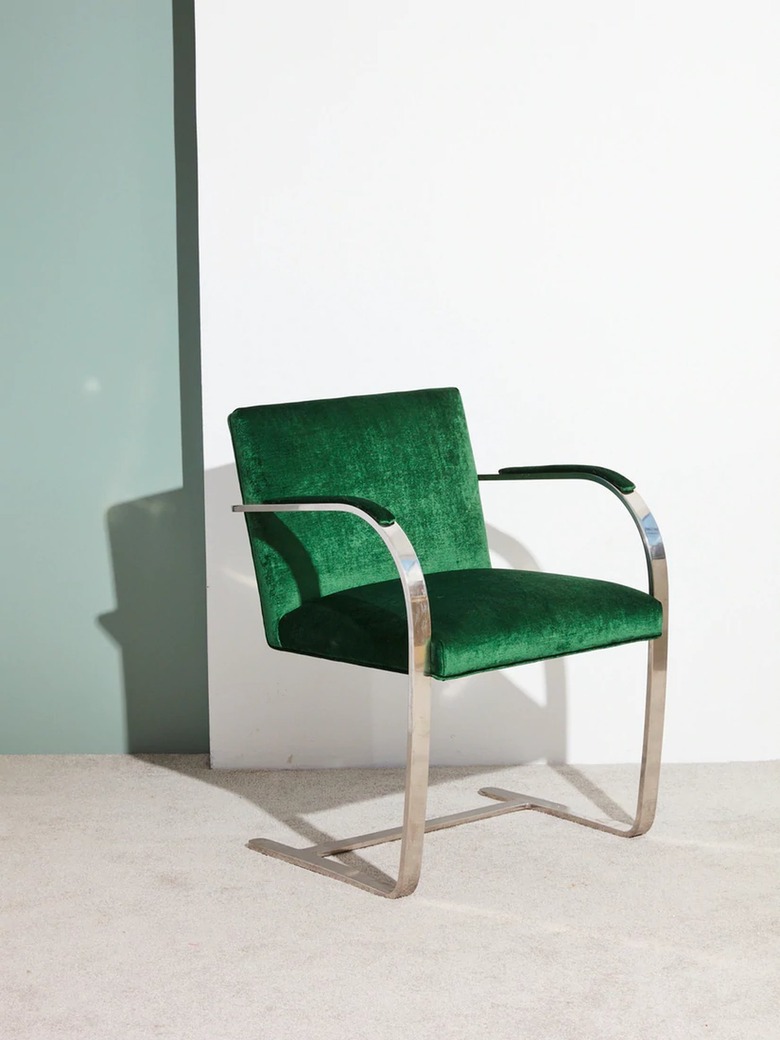 green velvet and steel bar chair