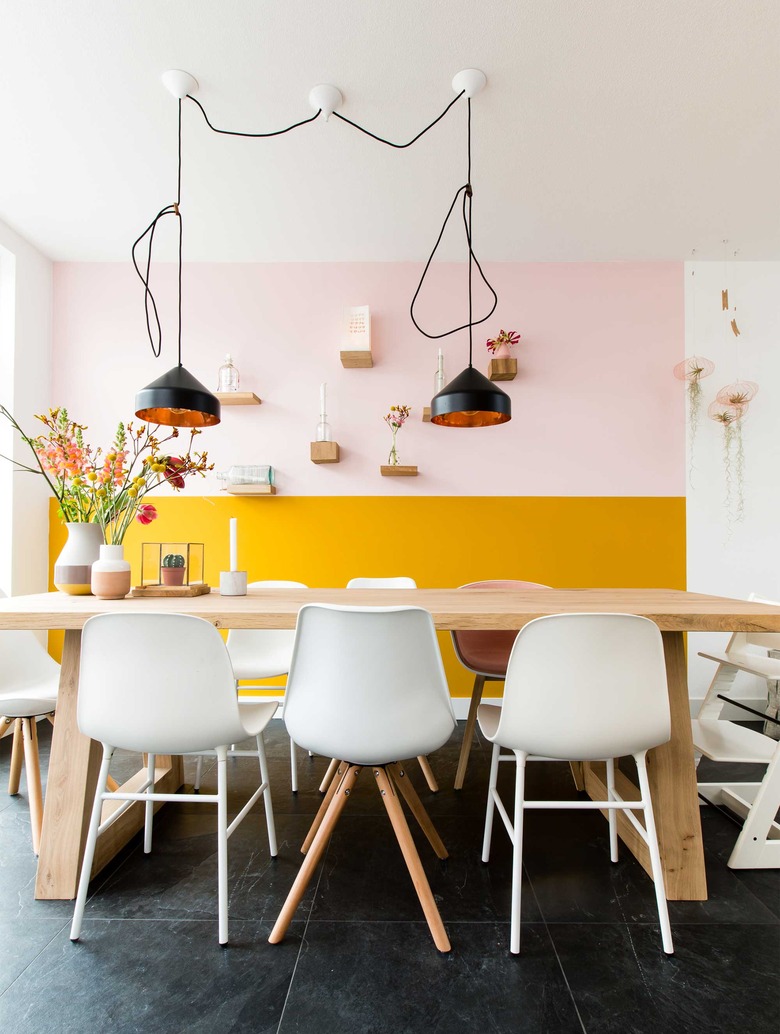 Pink and yellow color-blocked kitchen