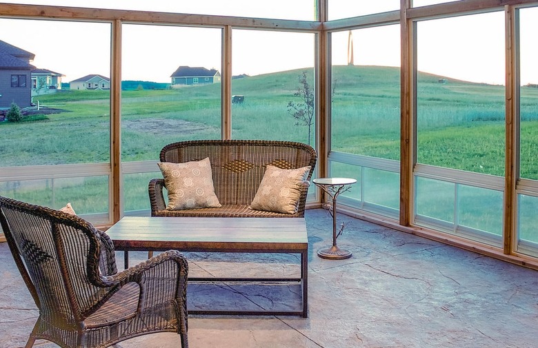 A stamped concrete floor in a three-seasons patio