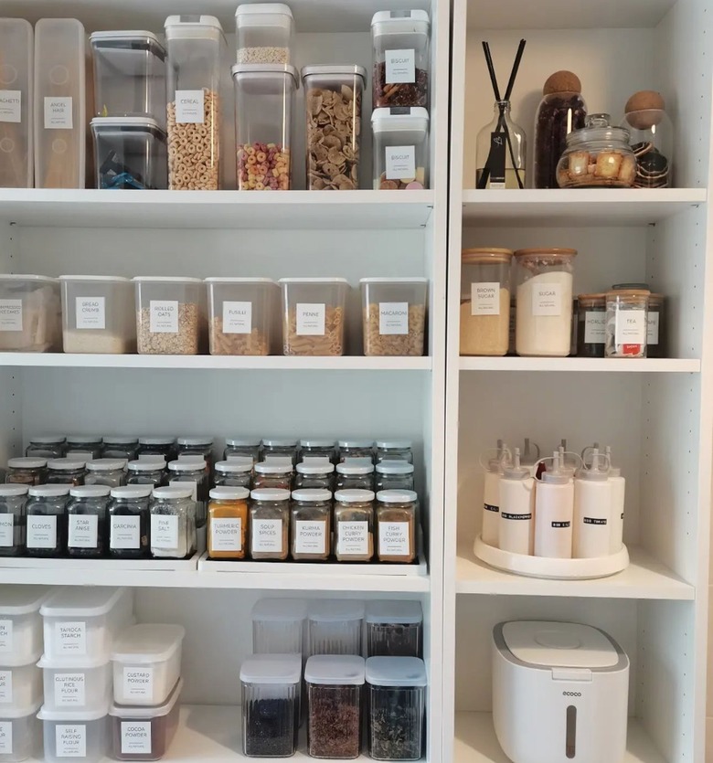 Organized spices in a pantry.