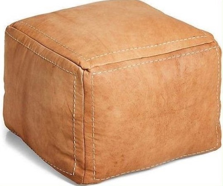 Square tan leather pouf