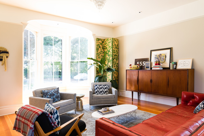 midcentury living room with bay window