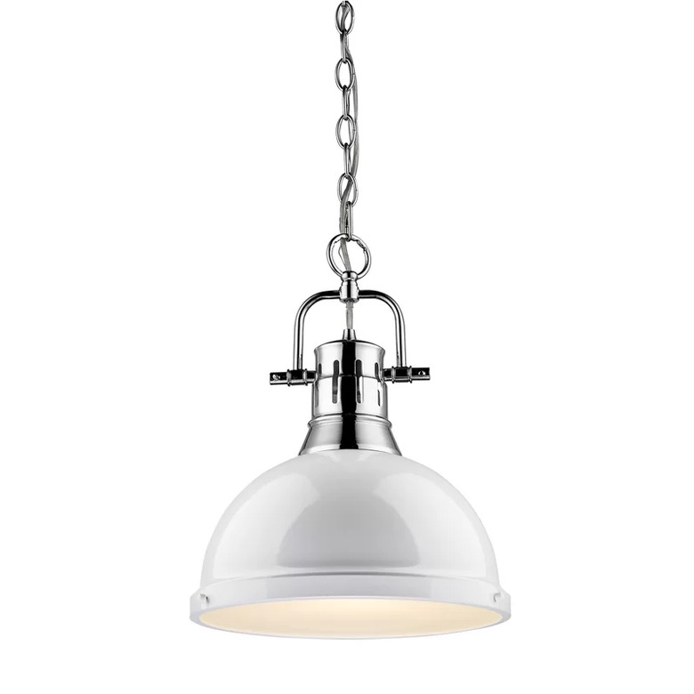 White dome pendant light with chrome base and chain