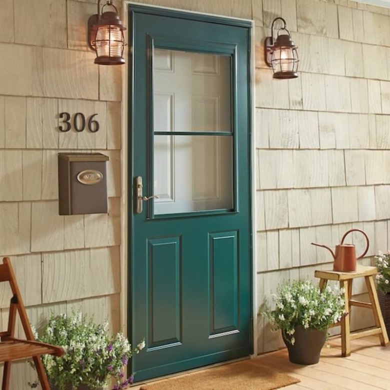 Green storm door.