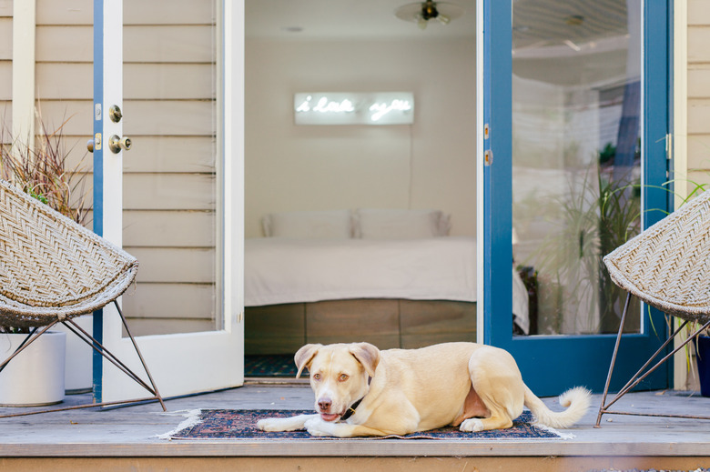 Shot of Sato's bedroom from the outside with his dog