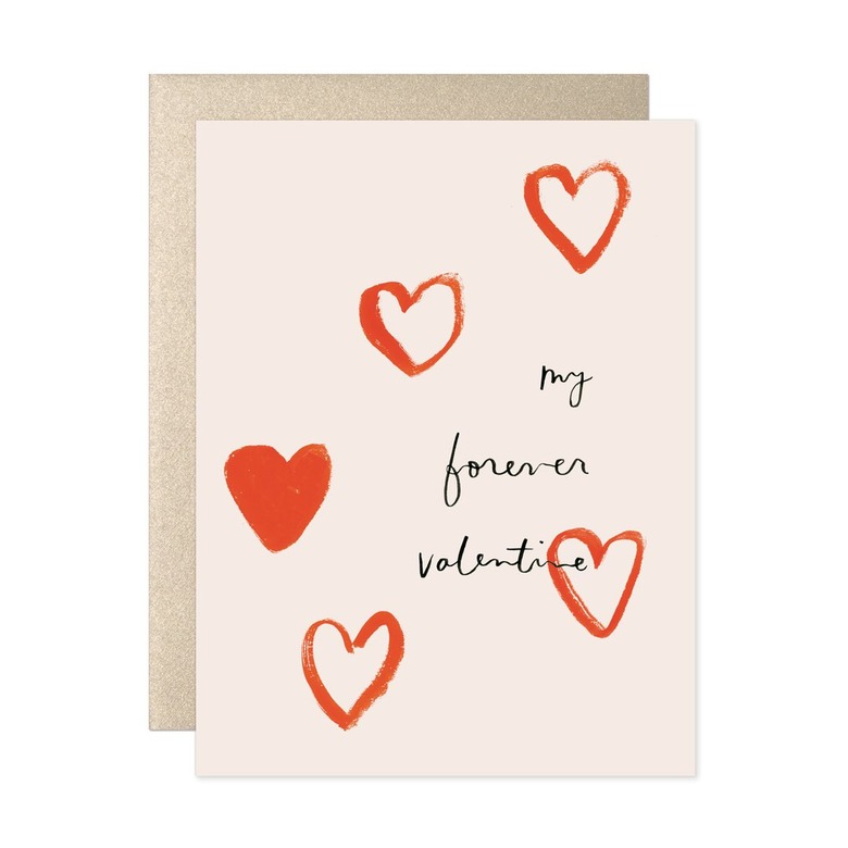 card with red hearts that reads my forever valentine