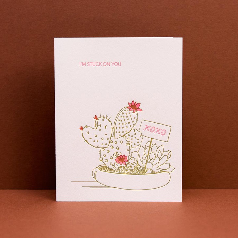 valentines day card with cactus and text that reads i'm stuck on you
