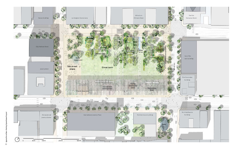 The rendering of the proposed plan features uninterrupted pedestrian access and a block-long smart canopy that will extend the full length of the park.