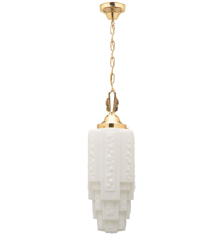 Art deco lighting in geometric milk glass and brass