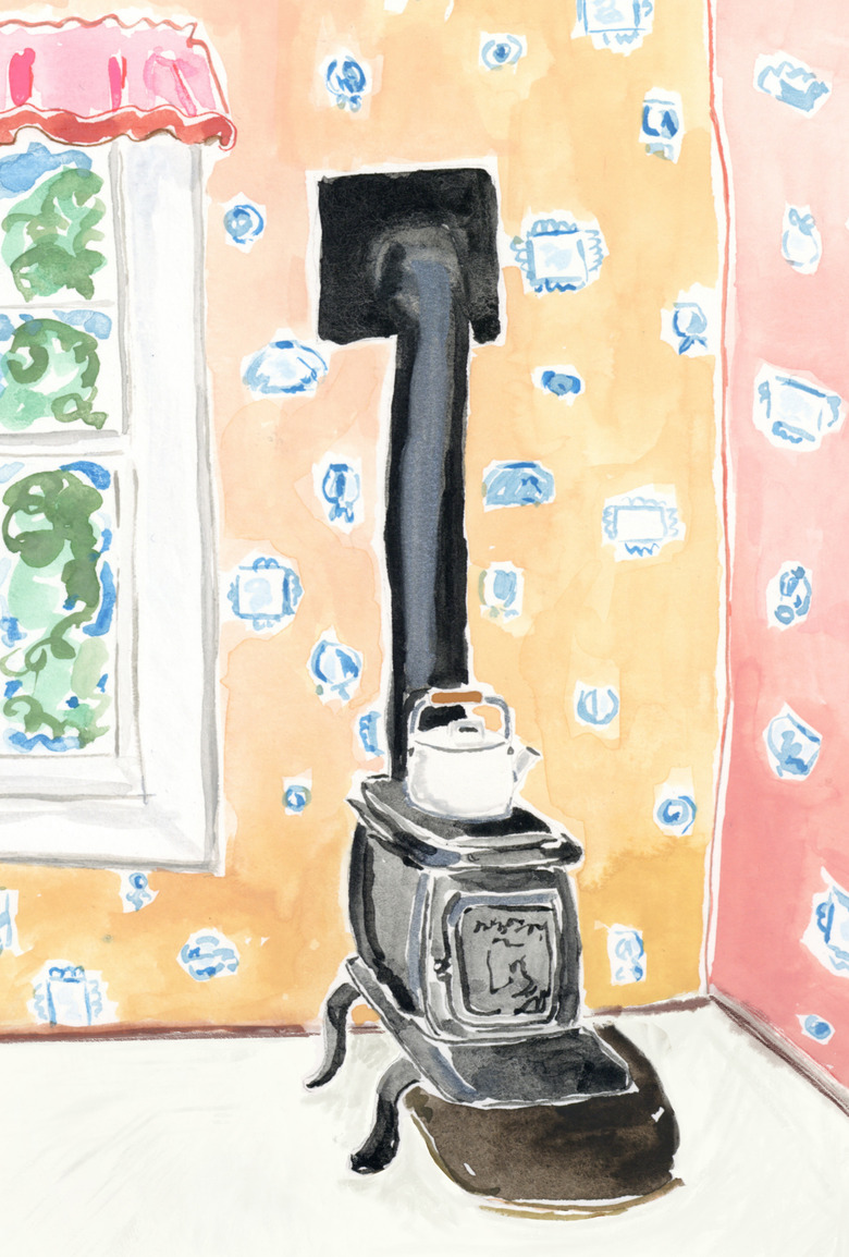 illustration of vintage stove on wallpapered walls