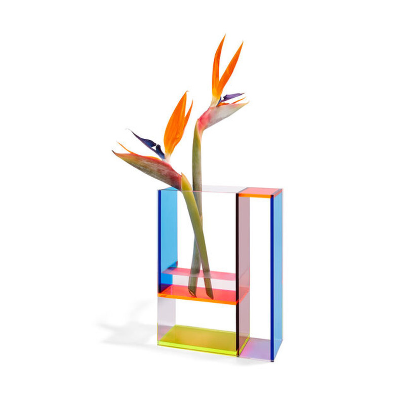 multicolored vase with birds of paradise inside