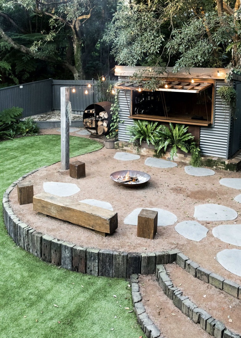 backyard bar in a shed with string lights