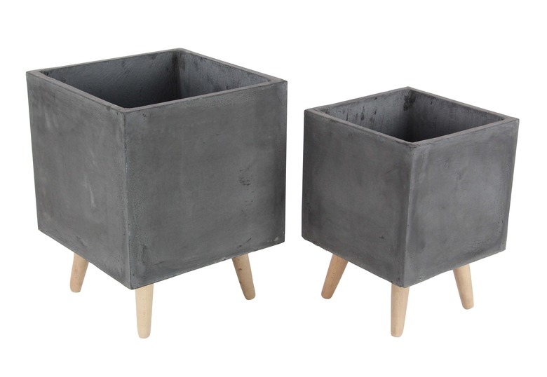 Decmode Contemporary Black Fiber Clay and Bead Wood Box Planters