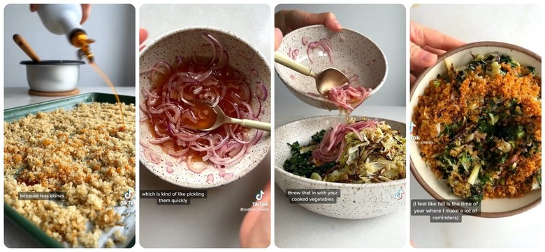 Four images: The first is cooked quinoa on a baking sheet being drizzled with chili oil. The second is red onions in a bowl with agrodolce and a spoon