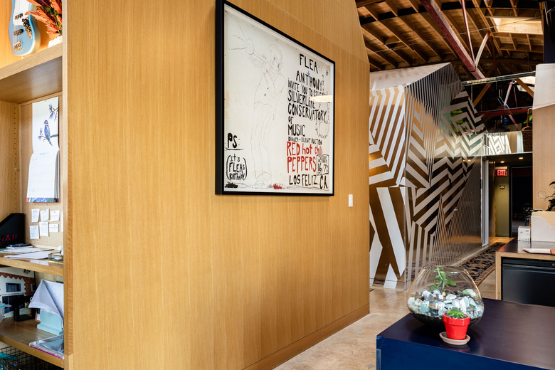 Plywood office wall divider and freestanding structure with patterned wallppaer