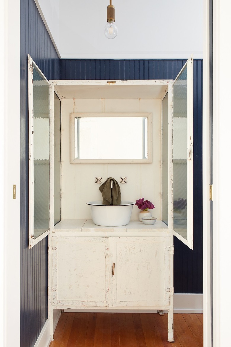 bathroom cabinet idea with repurposed casement cabinet with doors to hide sink