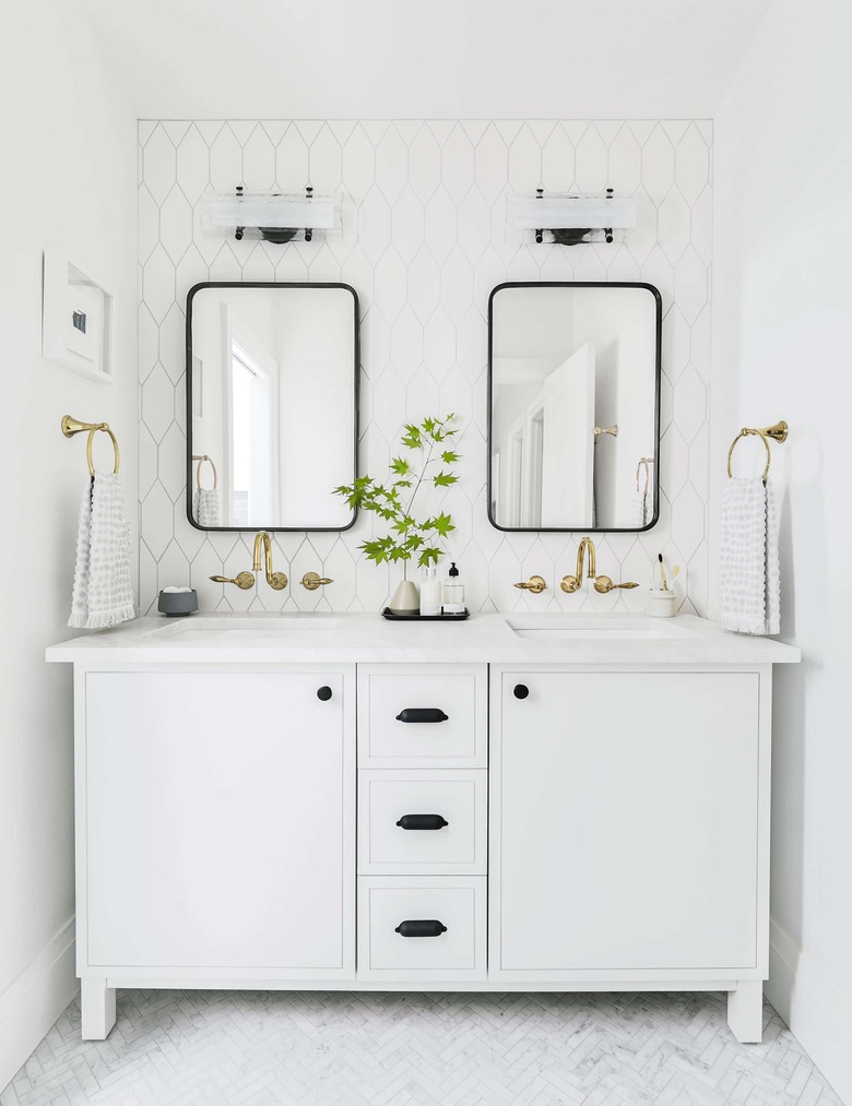 white bathroom cabinet idea with kohler pre-fab vanity