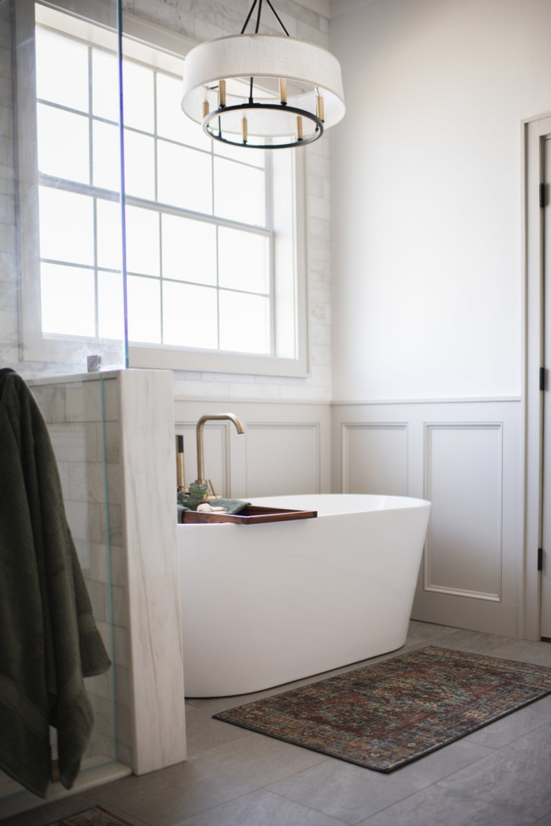 bathroom chandelier idea with drum shade over candelabra