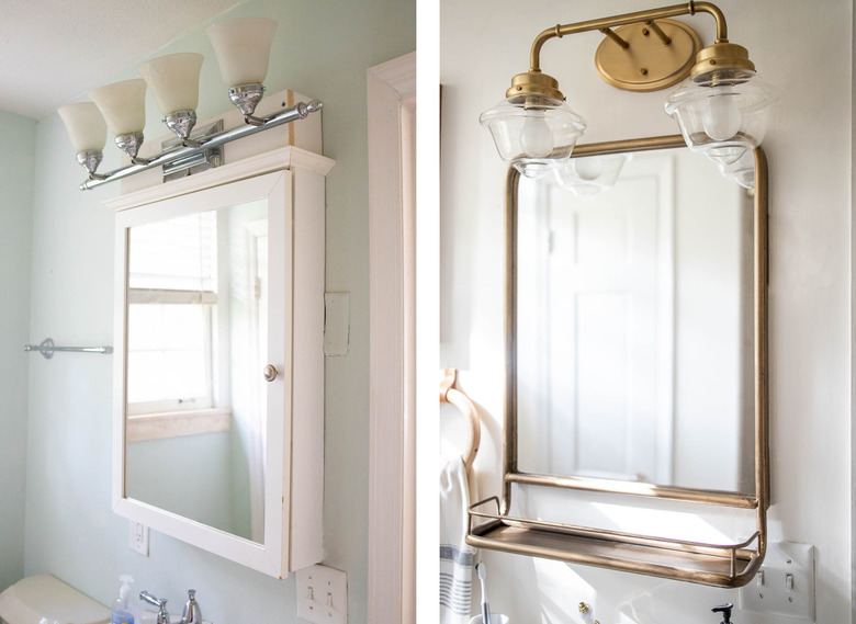 Before and after of bathroom light and mirror