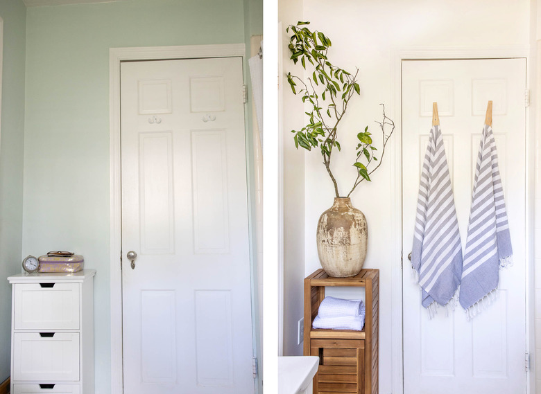 Before and after of bathroom corner cabinet and towel hooks
