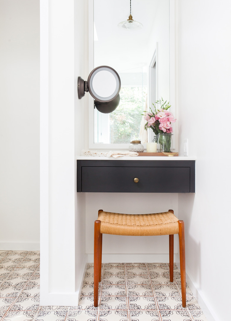 petite midcentury bathroom makeup vanity with black drawer